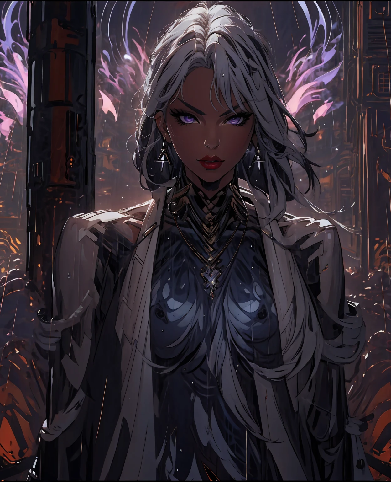 st. louis (luxurious wheels) (azur lane), hair ornament, portrait, silver dress, revealing clothes, necklace, blue nails, cityscape, night, rain, wet, (masterpiece:1.4),(best quality:1.4),realistic,fashi-girl,makeup,red lips,looking at viewer, solo,earrings,8k,best quality, masterpiece, purple eyes,beautiful light,background is a supercar,