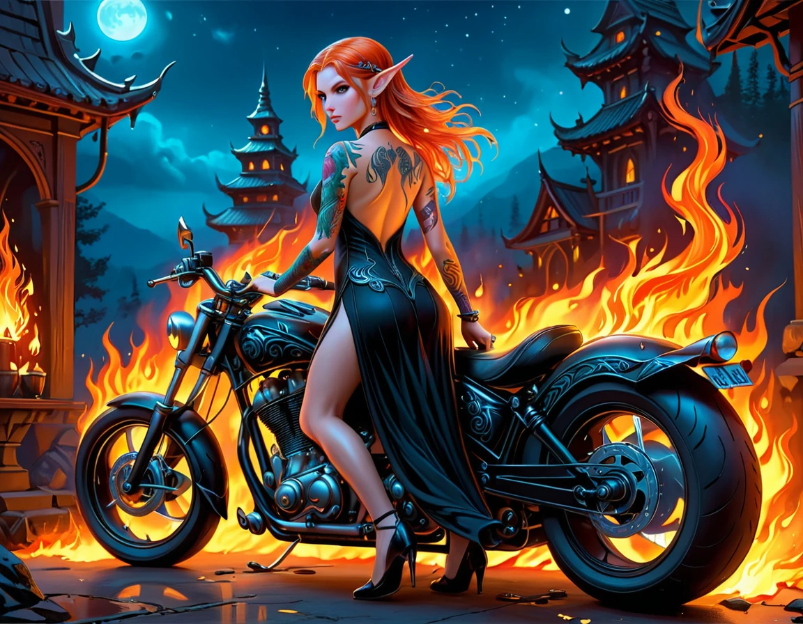 arabisch, Dark Fantasy-Kunst, Fantasy-Kunst, Gothic Kunst, ein Bild von einer tätowierten Elfe neben ihr ((Motorrad: 1.5)) ((Meisterwerk, am besten detailliert, Ultra-Detail: 1.5)) das Tattoo ist lebendig, komplizierte Details erwachen aus der Tinte zum Leben, GlühendeRunenAI_hellblau, ((fire surrounds the Motorrad: 1.5)), ultrafeminin, ((schönes zartes Gesicht)), Ultradetailliertes Gesicht, kleine spitze Ohren, dynamischer Winkel, ((die Rückseite ist sichtbar: 1.3), sie trägt ein transparentes schwarzes Kleid, das Kleid ist elegant, fließend, Elfen-Stil, dass die Tattoos leuchten, dynamische Haarfarbe, dynamische Frisur, hohe Details, beste Qualität, 16k, [Ultra-Detailed], Meisterwerk, beste Qualität, (extrem detailliert), dynamischer Winkel, Ganzkörperaufnahme, interessieren, Abonnieren, digitale Zeichnung, intensiver Blick