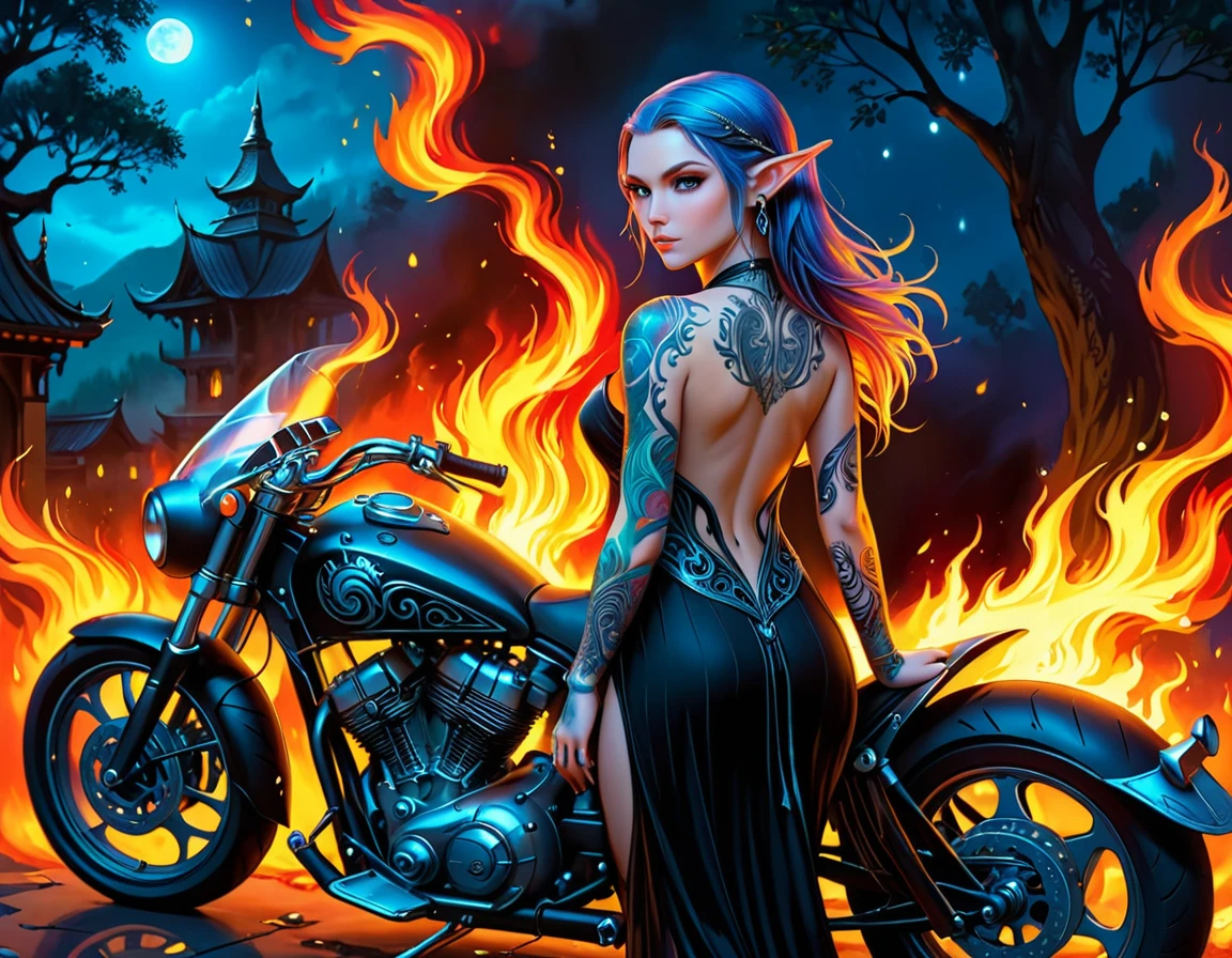 arafa, Dark Arte De Fantasía, Arte De Fantasía, arte gótico, una foto de una elfa tatuada cerca de ella ((motocicleta: 1.5)) ((obra maestra, mejor detallado, ultra detalle: 1.5)) el tatuaje es vívido, Detalles intrincados que cobran vida desde la tinta hasta la vida real., Runas resplandecientesAI_azul pálido, ((fire surrounds the motocicleta: 1.5)), ultrafemenina, ((hermoso rostro delicado)), cara ultra detallada, orejas pequeñas y puntiagudas, ángulo dinámico, ((la espalda es visible: 1.3), ella lleva un vestido negro transparente, el vestido es elegante, fluido, estilo élfico, que los tatuajes brillen, color de cabello dinámico, peinado dinámico, detalles altos, mejor calidad, 16k, [ultra detalleed], obra maestra, mejor calidad, (extremadamente detallado), ángulo dinámico, tiro de cuerpo completo, de interes, borracho, pintura digital, mirada intensa