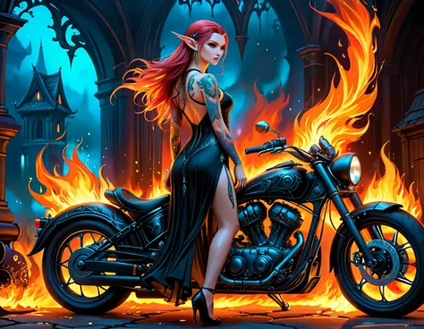 Arafed, Dark fantasy art, fantasy art, goth art, a picture of a of a tattooed female elf near her ((motorcycle: 1.5)) ((masterwo...