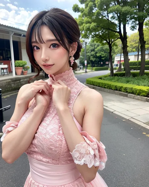 a woman posing on the street corner with pink dress on, best quality, high res, 8k, 1girl, (huge breasts), day, bright, outdoor,...