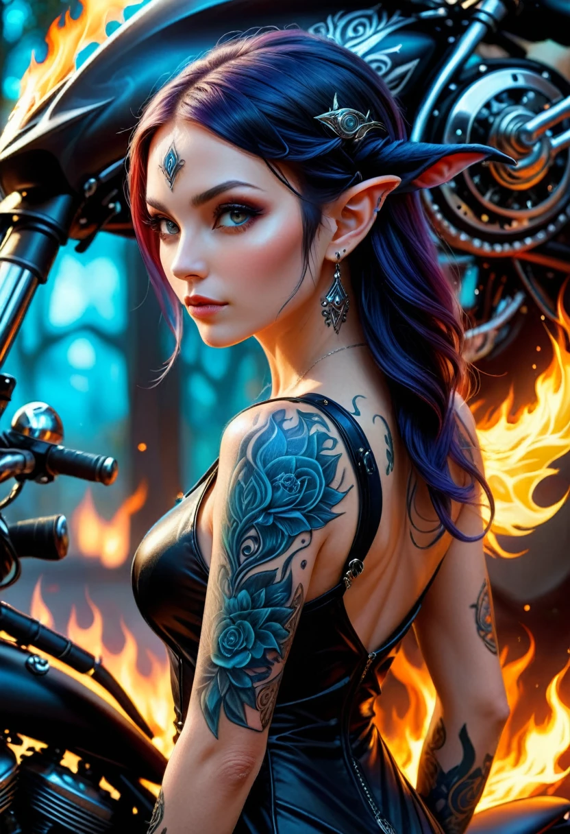 Arafed, Dark fantasy art, fantasy art, goth art, a picture of a of a tattooed female elf near her motorcycle (masterwork, best detailed, ultra detail: 1.5) the tattoo is vivid, intricate detailed coming to life from the ink to real life, GlowingRunesAI_paleblue, ((fire surrounds the motorcycle: 1.5)), ultra feminine, ((beautiful delicate face)), Ultra Detailed Face, small pointed ears, dynamic angle, ((the back is visible: 1.3), she wears a transparent black dress, the dress is elegant, flowing, elven style, that the tattoos glow, dynamic hair color, dynamic hair style, high details, best quality, 16k, [ultra detailed], masterpiece, best quality, (extremely detailed), dynamic angle, full body shot, faize, drkfntasy, Digital Painting, Intense gaze