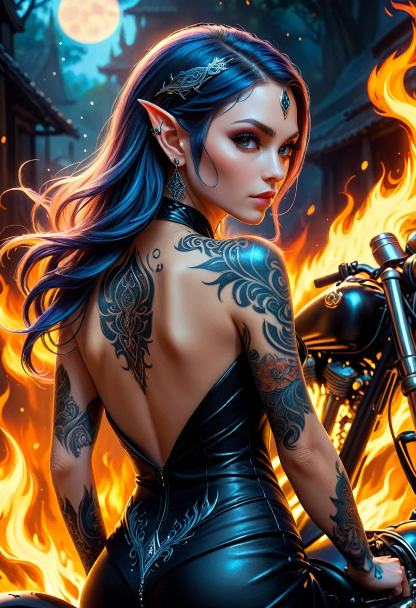 Arafed, Dark arte de fantasia, arte de fantasia, arte gótica, uma foto de uma elfa tatuada perto de sua motocicleta (obra-prima, melhor detalhado, ultra detalhe: 1.5) a tatuagem é vívida, intrincados detalhes ganhando vida da tinta para a vida real, GlowingRunesAI_azul pálido, ((fogo envolve a motocicleta: 1.5)), ultra feminine, ((lindo rosto delicado)), rosto ultra detalhado, pequenas orelhas pontudas, Ângulo Dinâmico, ((A parte de trás é visível: 1.3), ela usa um vestido preto transparente, o vestido é elegante, fluindo, Estilo élfico, que as tatuagens brilham, cor de cabelo dinâmica, estilo de cabelo dinâmico, detalhes altos, melhor qualidade, 16k, [ultra detalheed], obra de arte, melhor qualidade, (extremamente detalhado), Ângulo Dinâmico, tiro de corpo inteiro, faize, drkfntasy, pintura digital, Intense gaze