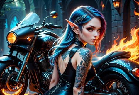 Arafed, Dark fantasy art, fantasy art, goth art, a picture of a of a tattooed female elf near her motorcycle (masterwork, best d...