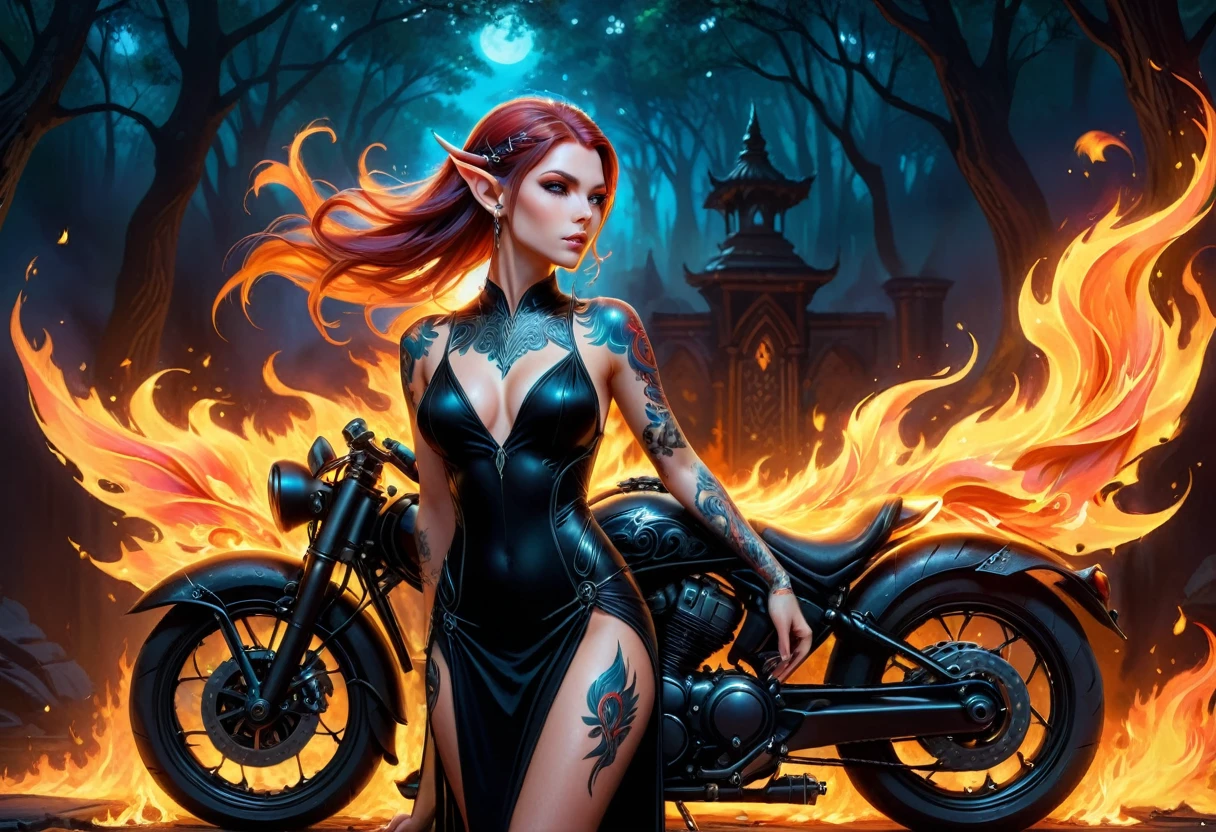 Arafed, Dark fantasy art, fantasy art, goth art, a picture of a of a tattooed female elf near her motorcycle (masterwork, best detailed, ultra detail: 1.5) the tattoo is vivid, intricate detailed coming to life from the ink to real life, GlowingRunesAI_paleblue, ((fire surrounds the motorcycle: 1.5)), ultra feminine, ((beautiful delicate face)), Ultra Detailed Face, small pointed ears, dynamic angle, ((the back is visible: 1.3), she wears a transparent black dress, the dress is elegant, flowing, elven style, that the tattoos glow, dynamic hair color, dynamic hair style, high details, best quality, 16k, [ultra detailed], masterpiece, best quality, (extremely detailed), dynamic angle, full body shot, faize, drkfntasy, Digital Painting, Intense gaze