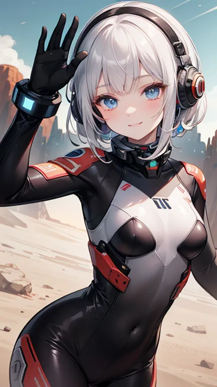 Beautiful silver-haired girl with headphones, Sci-fi action set on Mars in the 2500s, A shiny black bodysuit, Complex patterns t...