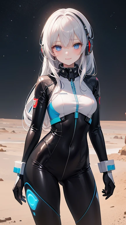 Beautiful silver-haired girl with headphones, Sci-fi action set on Mars in the 2500s, A shiny black bodysuit, Complex patterns that emit light, smile, And blue eyes staring at you. There is.