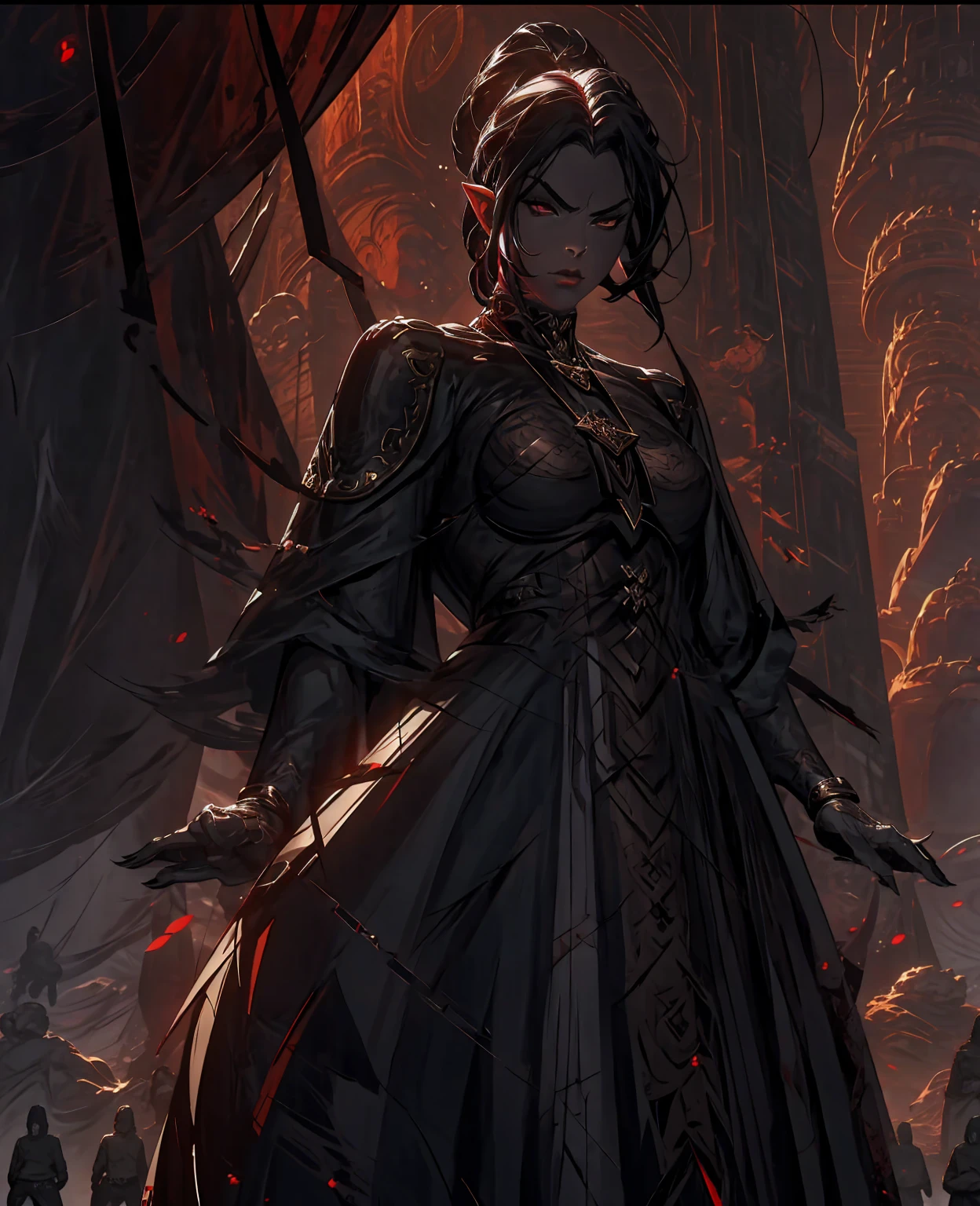 a devilish woman with black hair, pale skin, and red eyes, wearing an elf-like costume, in a dark and mysterious setting, highly detailed, cinematic lighting, dark fantasy, intricate details, rich colors, chiaroscuro, dramatic pose, moody atmosphere, digital painting, concept art style