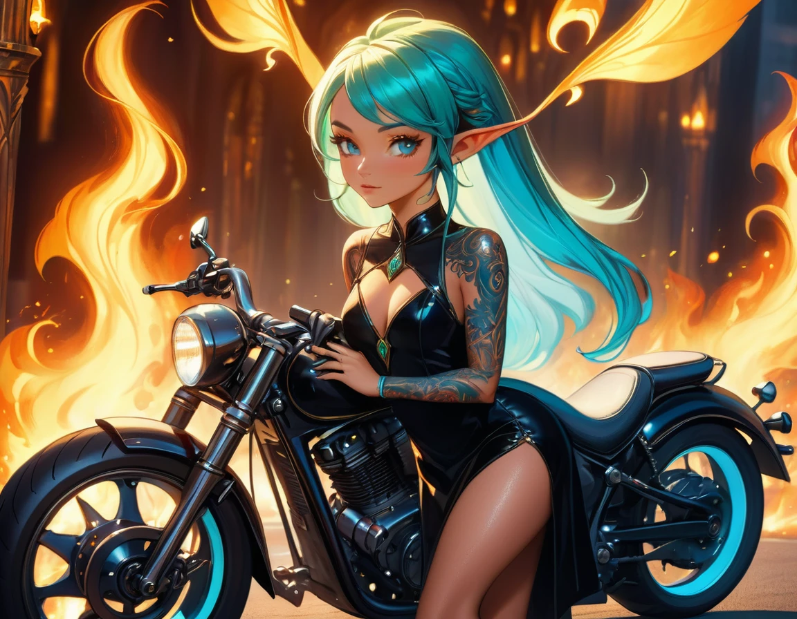 Arafed, Dark arte de fantasia, arte de fantasia, arte gótica, uma foto de uma elfa tatuada perto dela ((motocicleta: 1.5)) ((obra-prima, melhor detalhado, ultra detalhe: 1.5)) a tatuagem é vívida, intrincados detalhes ganhando vida da tinta para a vida real, GlowingRunesAI_azul pálido, ((fire surrounds the motocicleta: 1.5)), ultra feminine, ((lindo rosto delicado)), rosto ultra detalhado, pequenas orelhas pontudas, Ângulo Dinâmico, ((A parte de trás é visível: 1.3), ela usa um vestido preto transparente, o vestido é elegante, fluindo, Estilo élfico, que as tatuagens brilham, cor de cabelo dinâmica, estilo de cabelo dinâmico, detalhes altos, melhor qualidade, 16k, [ultra detalheed], obra de arte, melhor qualidade, (extremamente detalhado), Ângulo Dinâmico, tiro de corpo inteiro, faize, drkfntasy, pintura digital, Intense gaze