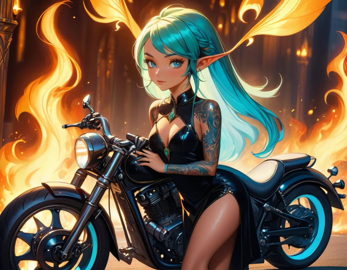 Arafed, Dark fantasy art, fantasy art, goth art, a picture of a of a tattooed female elf near her ((motorcycle: 1.5)) ((masterwork, best detailed, ultra detail: 1.5)) the tattoo is vivid, intricate detailed coming to life from the ink to real life, GlowingRunesAI_paleblue, ((fire surrounds the motorcycle: 1.5)), ultra feminine, ((beautiful delicate face)), Ultra Detailed Face, small pointed ears, dynamic angle, ((the back is visible: 1.3), she wears a transparent black dress, the dress is elegant, flowing, elven style, that the tattoos glow, dynamic hair color, dynamic hair style, high details, best quality, 16k, [ultra detailed], masterpiece, best quality, (extremely detailed), dynamic angle, full body shot, faize, drkfntasy, Digital Painting, Intense gaze