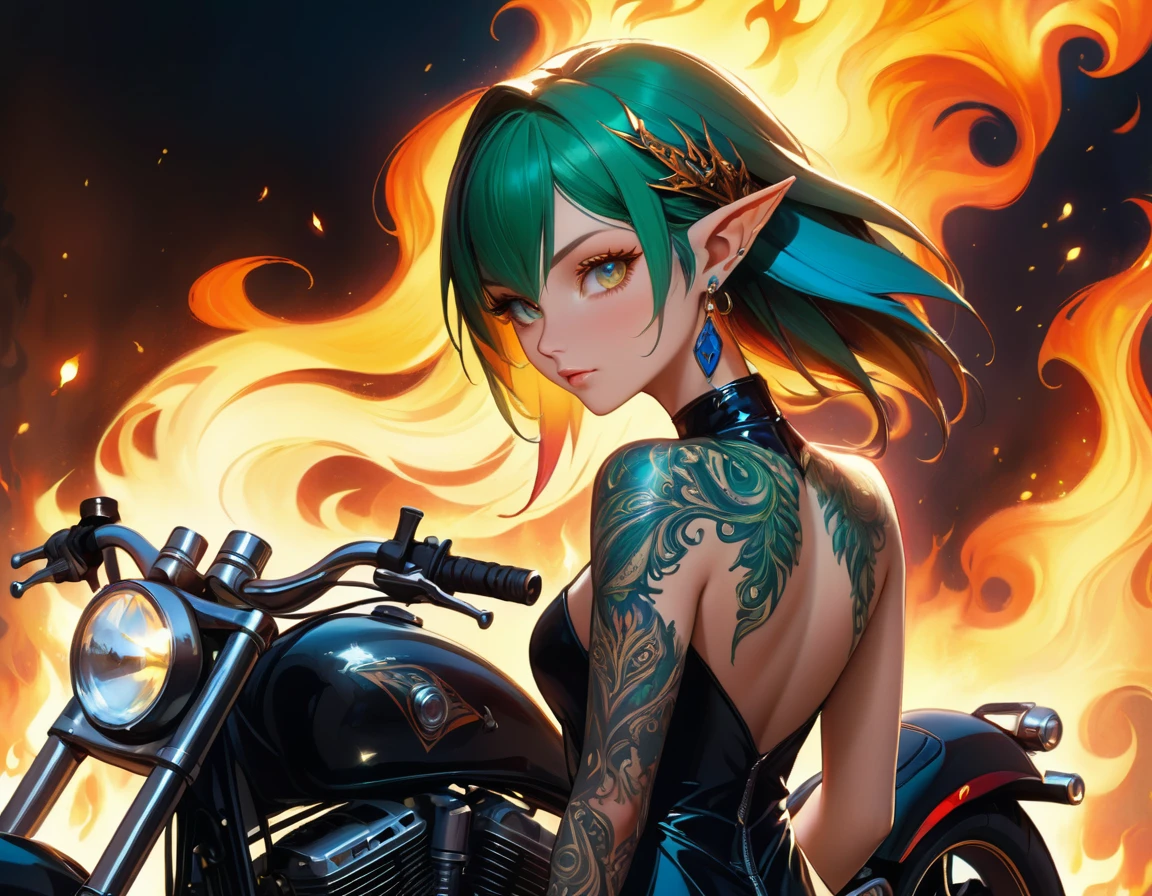 Arafed, Dark arte de fantasia, arte de fantasia, arte gótica, uma foto de uma elfa tatuada perto dela ((motocicleta: 1.5)) ((obra-prima, melhor detalhado, ultra detalhe: 1.5)) a tatuagem é vívida, intrincados detalhes ganhando vida da tinta para a vida real, GlowingRunesAI_azul pálido, ((fire surrounds the motocicleta: 1.5)), ultra feminine, ((lindo rosto delicado)), rosto ultra detalhado, pequenas orelhas pontudas, Ângulo Dinâmico, ((A parte de trás é visível: 1.3), ela usa um vestido preto transparente, o vestido é elegante, fluindo, Estilo élfico, que as tatuagens brilham, cor de cabelo dinâmica, estilo de cabelo dinâmico, detalhes altos, melhor qualidade, 16k, [ultra detalheed], obra de arte, melhor qualidade, (extremamente detalhado), Ângulo Dinâmico, tiro de corpo inteiro, faize, drkfntasy, pintura digital, Intense gaze
