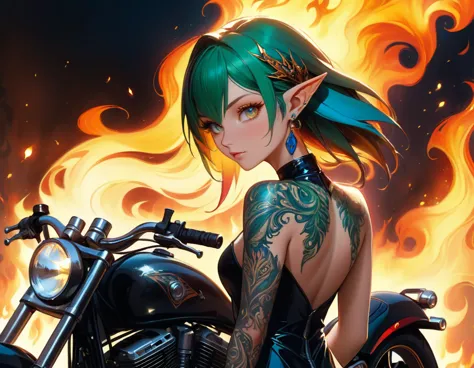 Arafed, Dark fantasy art, fantasy art, goth art, a picture of a of a tattooed female elf near her ((motorcycle: 1.5)) ((masterwo...