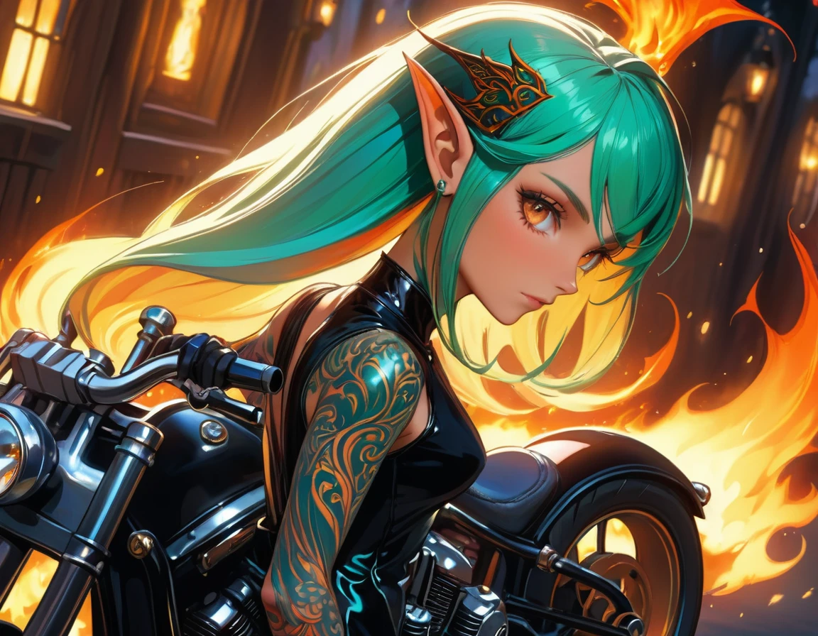 Arafed, Dark fantasy art, fantasy art, goth art, a picture of a of a tattooed female elf near her ((motorcycle: 1.5)) ((masterwork, best detailed, ultra detail: 1.5)) the tattoo is vivid, intricate detailed coming to life from the ink to real life, GlowingRunesAI_paleblue, ((fire surrounds the motorcycle: 1.5)), ultra feminine, ((beautiful delicate face)), Ultra Detailed Face, small pointed ears, dynamic angle, ((the back is visible: 1.3), she wears a transparent black dress, the dress is elegant, flowing, elven style, that the tattoos glow, dynamic hair color, dynamic hair style, high details, best quality, 16k, [ultra detailed], masterpiece, best quality, (extremely detailed), dynamic angle, full body shot, faize, drkfntasy, Digital Painting, Intense gaze