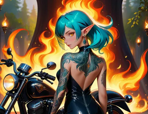 Arafed, Dark fantasy art, fantasy art, goth art, a picture of a of a tattooed female elf near her ((motorcycle: 1.5)) ((masterwo...
