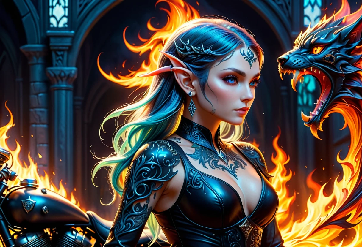 Arafed, Dark fantasy art, fantasy art, goth art, a picture of a of a tattooed female elf near her motorcycle (masterwork, best detailed, ultra detail: 1.5) the tattoo is vivid, intricate detailed coming to life from the ink to real life, GlowingRunesAI_paleblue, ((fire surrounds the motorcycle: 1.5)), ultra feminine, ((beautiful delicate face)), Ultra Detailed Face, small pointed ears, dynamic angle, ((the back is visible: 1.3), she wears a transparent black dress, the dress is elegant, flowing, elven style, that the tattoos glow, dynamic hair color, dynamic hair style, high details, best quality, 16k, [ultra detailed], masterpiece, best quality, (extremely detailed), dynamic angle, full body shot, faize, drkfntasy, Digital Painting, Intense gaze