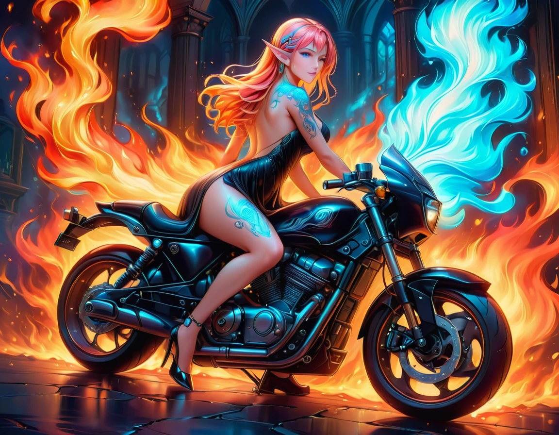 Arafed, Dark arte de fantasia, arte de fantasia, arte gótica, uma foto de uma elfa tatuada perto dela ((motocicleta: 1.5)) ((obra-prima, melhor detalhado, ultra detalhe: 1.5)) a tatuagem é vívida, intrincados detalhes ganhando vida da tinta para a vida real, GlowingRunesAI_azul pálido, ((fire surrounds the motocicleta: 1.5)), ultra feminine, ((lindo rosto delicado)), Rosto ultra detalhado, pequenas orelhas pontudas, ângulo dinâmico, ((a parte de trás é visível: 1.3), ela usa um vestido preto transparente, o vestido é elegante, fluindo, Estilo élfico, que as tatuagens brilham, cor de cabelo dinâmica, estilo de cabelo dinâmico, detalhes altos, melhor qualidade, 16K, [ultra detalheed], Obra de arte, melhor qualidade, (extremamente detalhado), ângulo dinâmico, tiro de corpo inteiro, faize, drkfntasy, pintura digital, Intense gaze