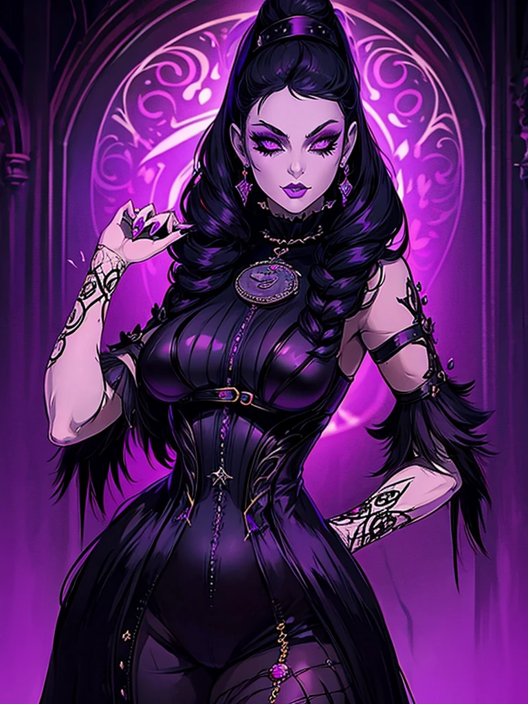 bright purple gothic background, gothic horror vibes, cosplay em Black Harley Queen, goth girl, goth woman, 1 7 - year - old goth girl,Gothcore, gotic girl, dark goth queen, gothic maiden, very beautiful goth top model, goth clown girl, gothic maiden of the dark, animation style
