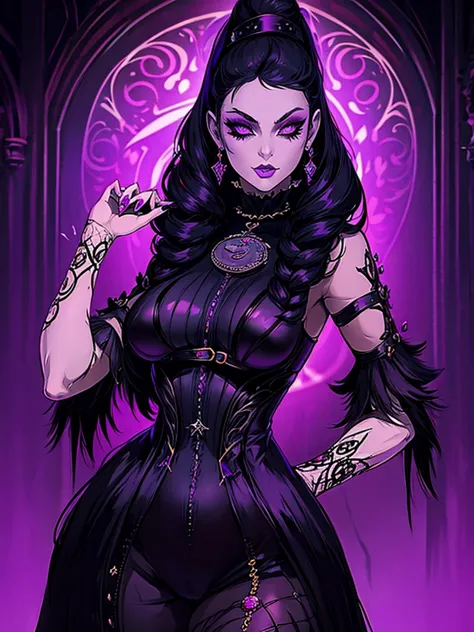 bright purple gothic background, gothic horror vibes, cosplay em Black Harley Queen, goth girl, goth woman, 1 7 - year - old got...