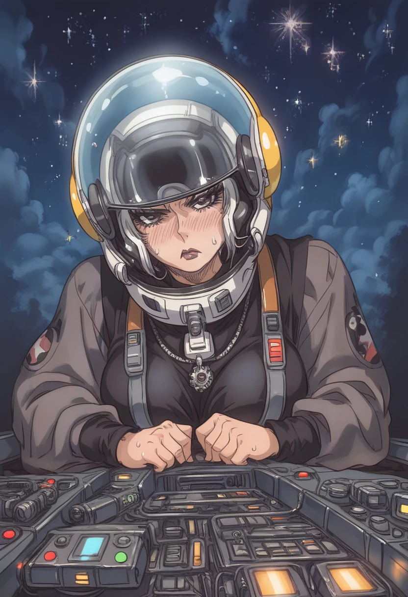 ((gothic vampire piloting in gothic spacecraft)), (((vintage anime))), ((from below)), ((120 fov)), ((((gothic control panels)))), ((mature)), (((gothic))), iridescent bodysuit, ((lace accessories)), ((pilot seat)), ((((lying back)) pose)), ((elegant)), (((serious tone))), futuristic, ((cockpit top control panel)), intricate control panel details, 1990s (style), [blushing], sweat, masterpiece, ((claustrophobic)), sparkles, best quality, screens, ((pilot helmet)), ((hands on controls)), night, space, ((cockpit lights))