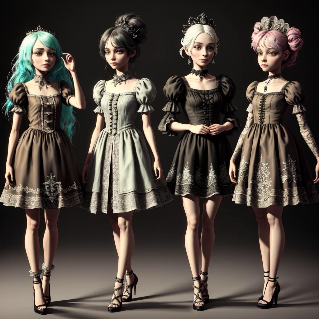 A captivating 3D render by Nicola Samori that portrays a whimsical trio of anthropomorphic characters. The first figure, dressed modestly, stands alongside the second, full of playful mischief. A sophisticated  character with high heels, large round eyes, and a charming smile completes the group. They all stand together on a vibrant, colorful checkered chessboard, amidst their animated expressions. The magical background artfully blends various styles, creating a textured yet dreamy atmosphere. The intricate pen and ink outlines, combined with delicate dry watercolor effects, give this photoreal masterpiece depth and enchantment., 3d render