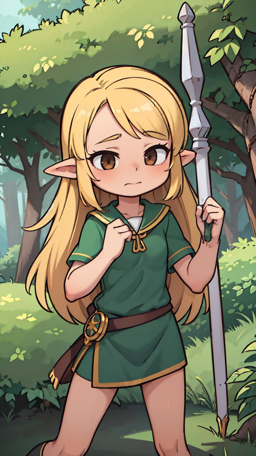 Masterpiece, Best Quality, high resolution, (loli), girl, elf, small busts, worn brown tunic, has a spear, shy face, he is afraid, is in the forest, she has golden eyes, blond hair