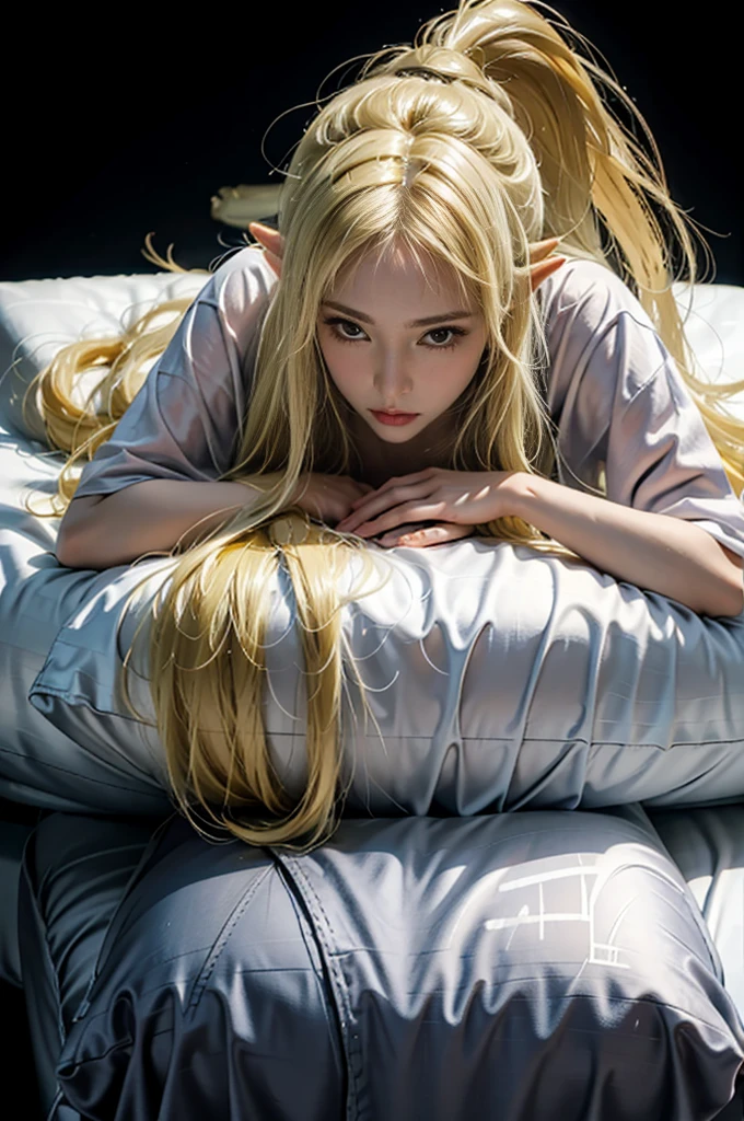 Photorealistic, high resolution, 1woman, Solo, Hips up,  Long blonde hair, Black Plain background,adult,zelda,cute,25 years old,laying on bed,blonde,(shy:0.9), dogeza, nude 