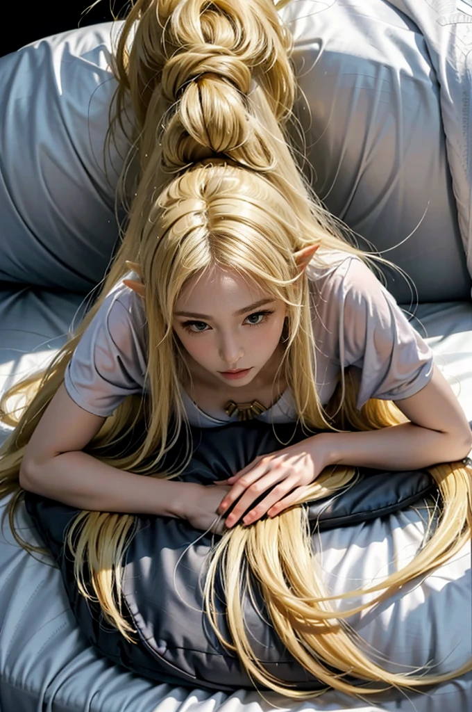 Photorealistic, high resolution, 1woman, Solo, Hips up,  Long blonde hair, Black Plain background,adult,zelda,cute,25 years old,laying on bed,blonde,(shy:0.9), dogeza, nude 