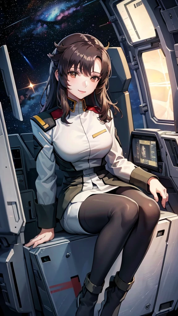 masterpiece, best quality, High resolution, Calm 1, 1 girl, alone, (Black_pantyhose:1.1), army uniform, army, cosmetics, White shirt,  White Skirt, tight skirt, sitting, Upper Body, cockpit, space, Smile