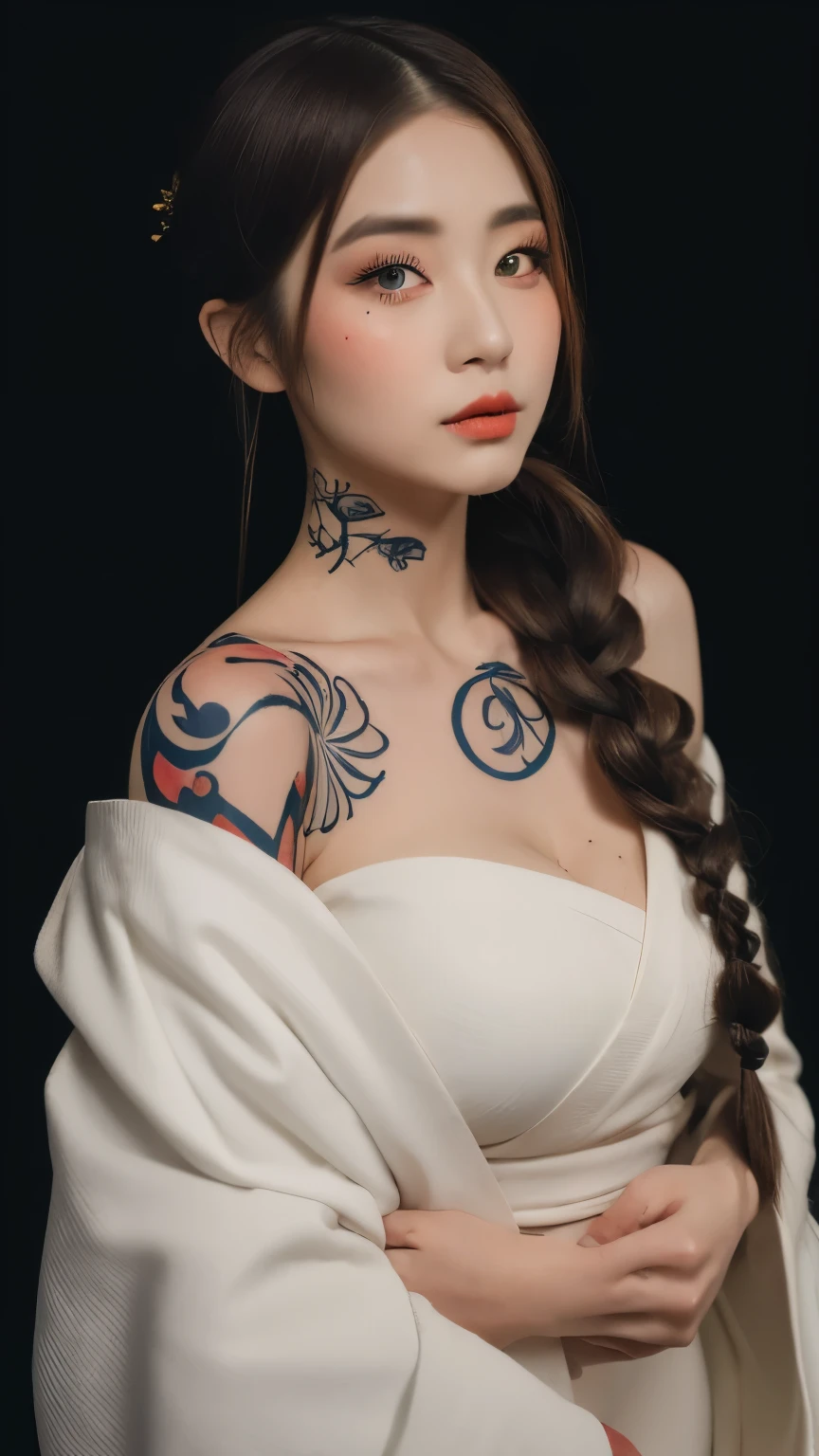 ((Best quality, 8k, Masterpiece :1.3)), Sharp focus :1.2,   Beautiful girl_geisha,   ((Big breasts:1,7)),  Slender abs:1,2,  Tattooed skin texture,   Tattooed hands,   Tattooed neck,   Face detail texture,   And eyes,   Double eyelids,   Make-up face,   ((Cute face)),   ((long hair_side braids))

(((Beautiful geisha. in white kimono. Bare shoulder. Tattooed))),   Sit down.   On the floor.   Dark background 