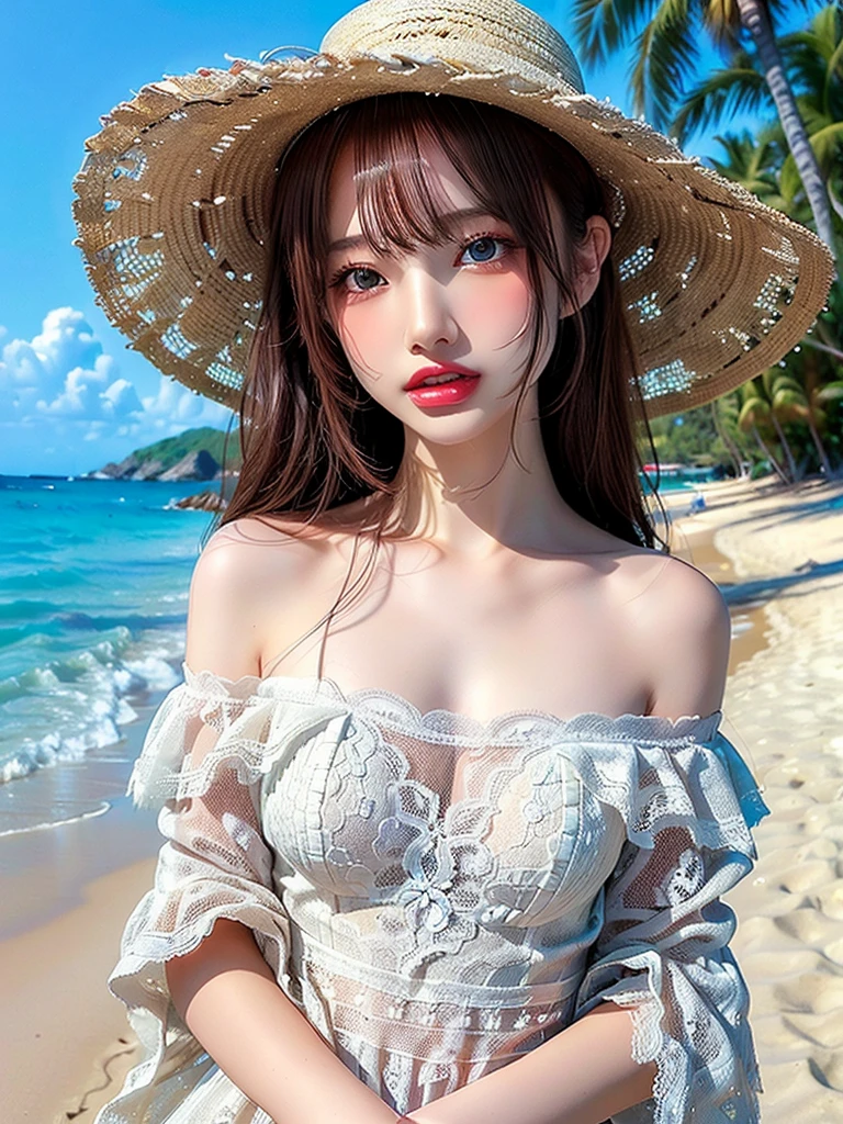 ((Highest quality)),(超A high resolution),(Very detailed),(Detailed Description),((The best CG)),(masterpiece),Very detailedなアート、Small breasts、(((Whitening 1.5)))、Clear skin quality、White lace dress、Off the shoulder、Small straw hat、Sandy Beach、Ocean、