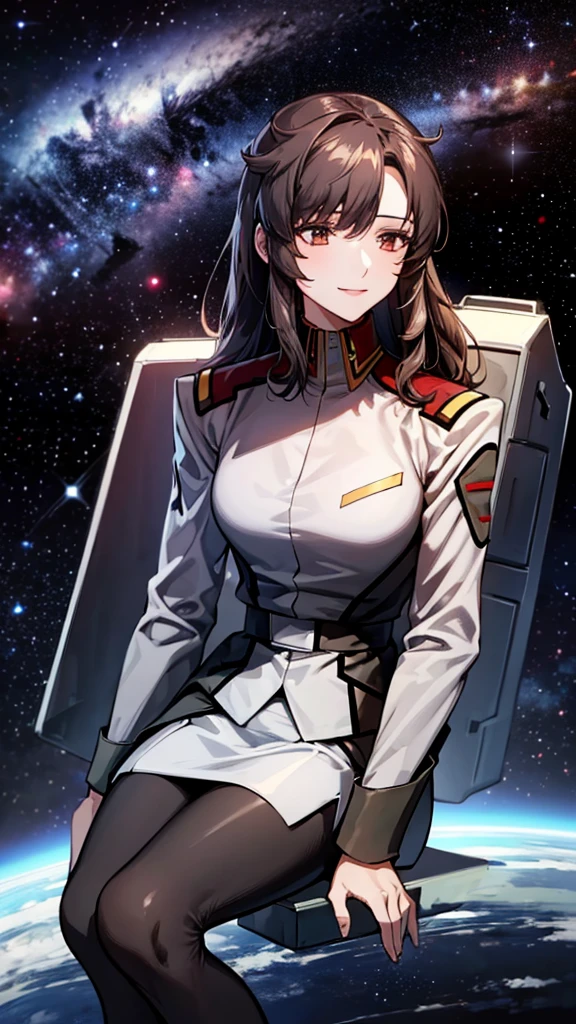 masterpiece, best quality, High resolution, Calm 1, 1 girl, alone, (Black_pantyhose:1.1), army uniform, army, cosmetics, White shirt,  White Skirt, tight skirt, sitting, Upper Body, cockpit, space, Smile