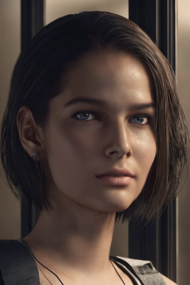 a masterpiece portrait of jill valentine from re3 remake, beautiful detailed blue eyes, detailed brown hair in long bob hairstyle, oval face, woman sitting on a bed looking out the window of a city, dirt stains, (best quality,4k,8k,highres,masterpiece:1.2),ultra-detailed,(realistic,photorealistic,photo-realistic:1.37),HDR,UHD,studio lighting,ultra-fine painting,sharp focus,physically-based rendering,extreme detail description,professional,vivid colors,bokeh, bangs straight behind the ear:1.1, frontal pose