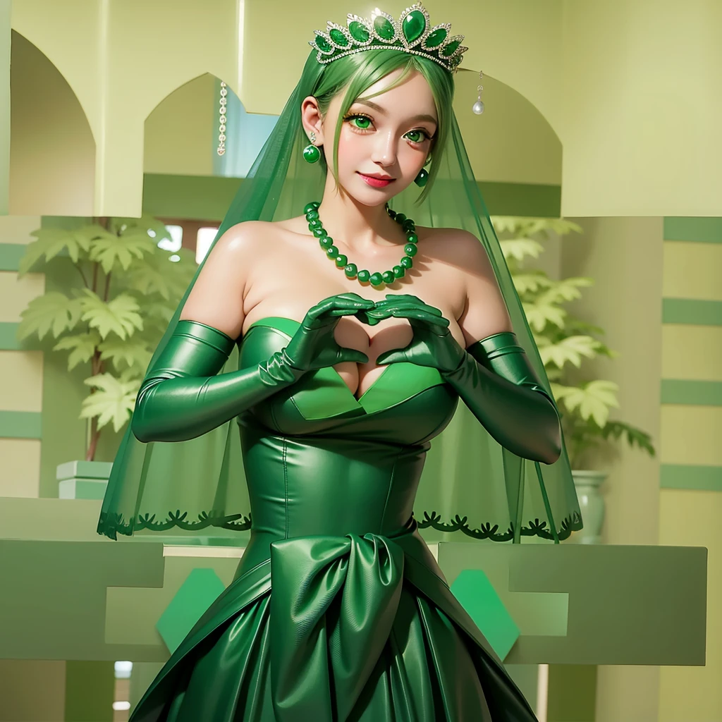 Emerald tiara, Green Pearl Necklace, ボーイッシュな非常に短いGreen Hair, Green Lips, Smiling Japanese woman, Very short hair, Busty beautiful lady, Green Eyes, Green satin long gloves, Green Eyes, Emerald Earrings, Green veil, Heart with both hands, Green Hair, Beautiful Japanese Women, Heart shaped hands:1.3, green lip gloss