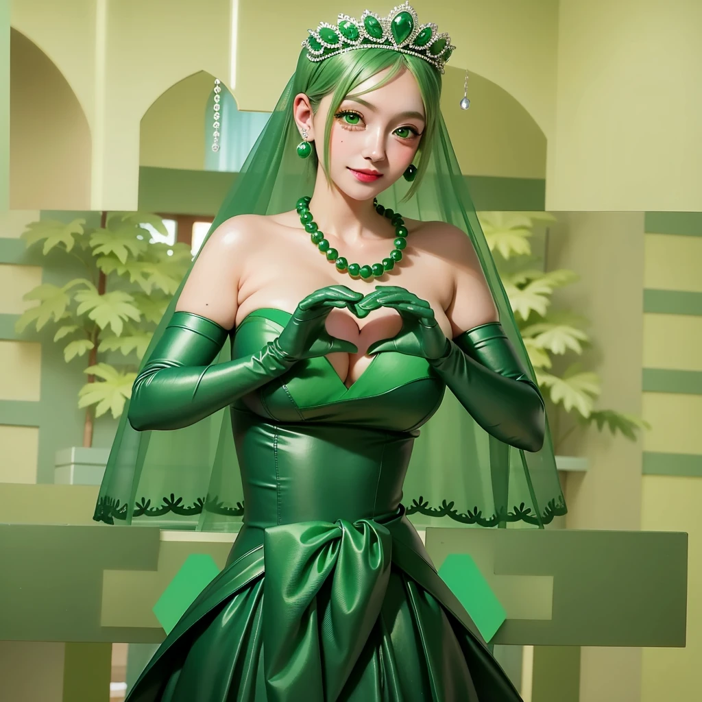 Emerald tiara, Green Pearl Necklace, ボーイッシュな非常に短いGreen Hair, Green Lips, Smiling Japanese woman, Very short hair, Busty beautiful lady, Green Eyes, Green satin long gloves, Green Eyes, Emerald Earrings, Green veil, Heart with both hands, Green Hair, Beautiful Japanese Women, Heart shaped hands:1.3, green lip gloss