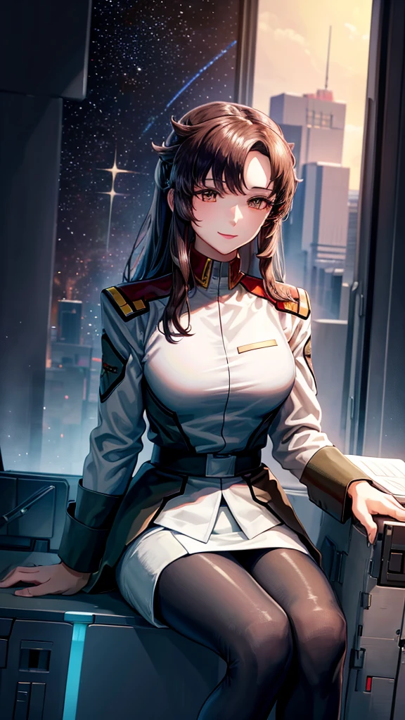 masterpiece, best quality, High resolution, Calm 1, 1 girl, alone, (Black_pantyhose:1.1), army uniform, army, cosmetics, White shirt,  White Skirt, tight skirt, sitting, Upper Body, cockpit, space, Smile