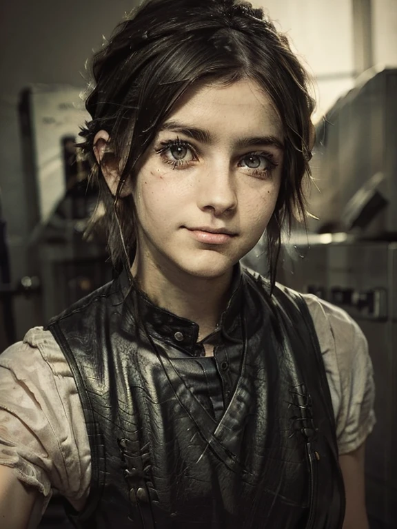 photo portrait d&#39;une jeune fille russe potelée de 22 ans, reflets cornéens, Texture de cuir détaillée, bosse sur la peau, du duvet sur la peau, beau visage fatigué, Une expression indifférente sur son visage, cheveux hérissés, cheveux châtains ébouriffés mi-longs très ébouriffés (coiffure rebelle de la fin des années 80, Tempes rasées), yeux ambrés, lunettes avec verres à monture noire, regarder la caméra avec l&#39;intérêt d&#39;un prédateur, léger louche, un petit éclat fou dans les yeux, Tablier en cuir, bras musclés, doigts gracieux, sourire unilatéral presque imperceptible, dans une chambre d’hôpital(morgue), une pièce sombre, profondeur de champ, rétroéclairage, pose gratuite 