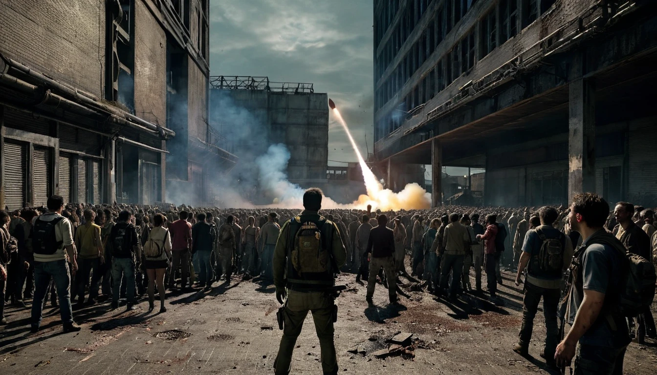 Un lancement de fusée dans un monde envahi par les zombies, avec l&#39;obscurité, éclairage étrange et environnement délabré. La foule est composée de zombies, et la fusée a un robuste, aspect usé.