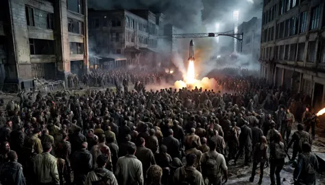 A rocket launch in a world overrun by zombies, with dark, eerie lighting and decayed surroundings. The crowd consists of zombies...