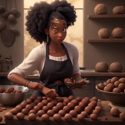 a beautiful black woman, in chef&#39;s clothes, preparing several large homemade chocolates to sell