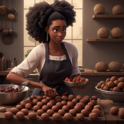 a beautiful black woman, in chef&#39;s clothes, preparing several large homemade chocolates to sell