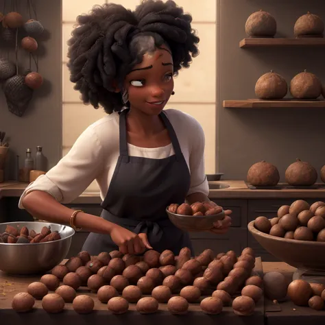 a beautiful black woman, in chef&#39;s clothes, preparing several large homemade chocolates to sell