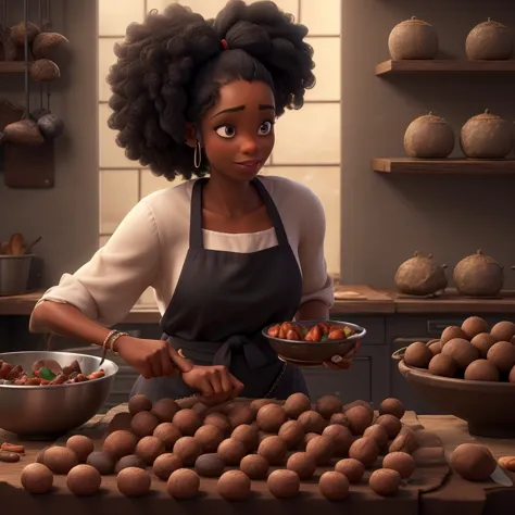 a beautiful black woman, in chef&#39;s clothes, preparing several large homemade chocolates to sell