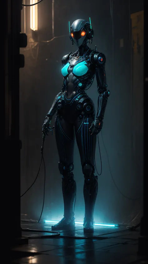 A robot, dynamic pose de accion:1.4, metal body, neon lights on your body, cables, robotic mechanisms, dynamic pose, (Best Quali...