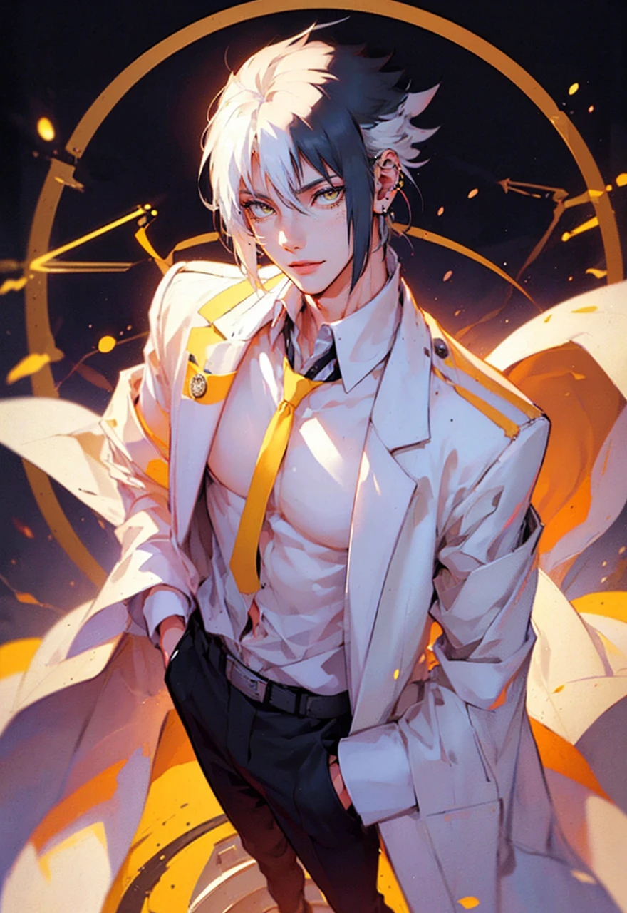 1 male (tall man, slim, manly, dominate,  half black colored-hair, half white colored- hair, yellow eyes, tough, wearing a sci-fi space outfit, has 1 earring.) best quality, ultra-detailed, illustration, complex, detailed, extremely detailed, detailed face, soft light, soft focus, perfect face, illustration: Full Body