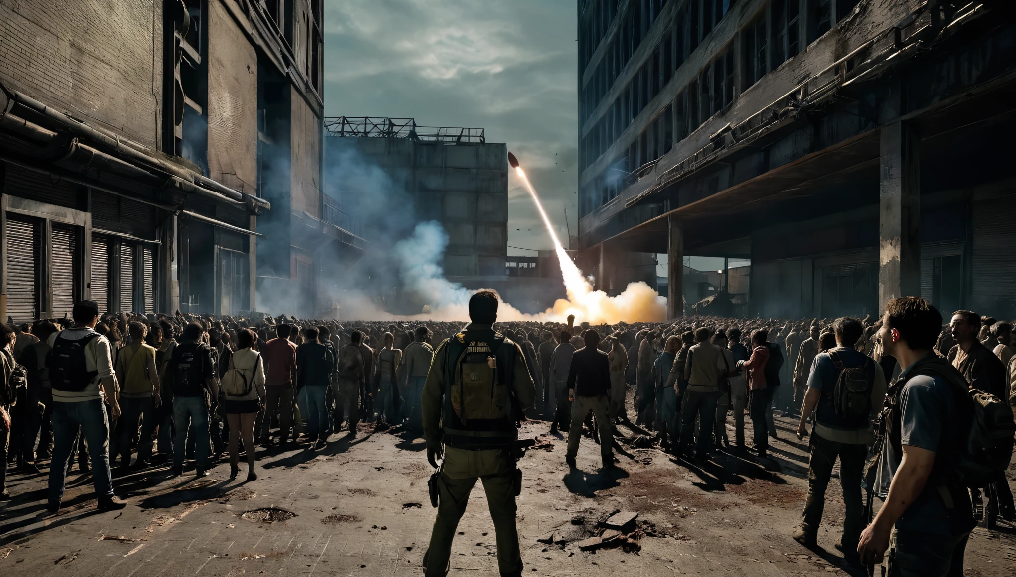 A rocket launch in a world overrun by zombies, with dark, eerie lighting and decayed surroundings. The crowd consists of zombies, and the rocket has a rugged, worn appearance.