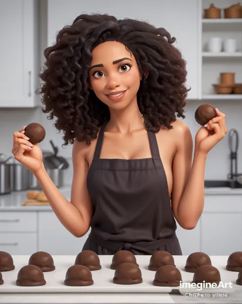 a beautiful black woman, in chef&#39;s clothes, preparing several large homemade chocolates to sell