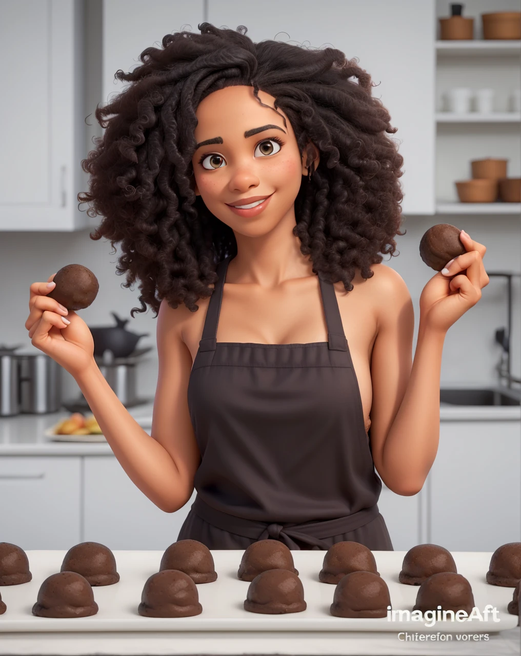 a beautiful black woman, in chef&#39;s clothes, preparing several large homemade chocolates to sell