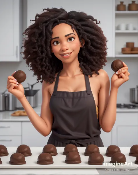 a beautiful black woman, in chef&#39;s clothes, preparing several large homemade chocolates to sell