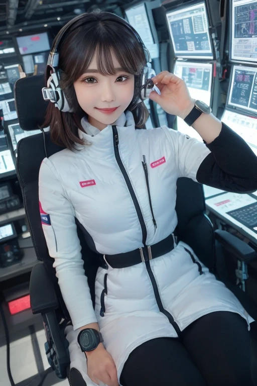 masterpiece, Highest quality, Very detailed, 8K Portrait,Japanese Android Girl,plump , Control panel,Robotic arms and legs, Blunt bangs,,break (Metallic Gray, Metallic luster, Mirror finish, Astro Best):5,headphone:5,break (Black sleeves):100,Smart Watches,Futuristic space station,Control Room,break headphone,blue eyes,(Black Hair):2,(Long Hair):1.3,Displaying the viewer,(respirator),break blush:3,Hidden Hand,smile