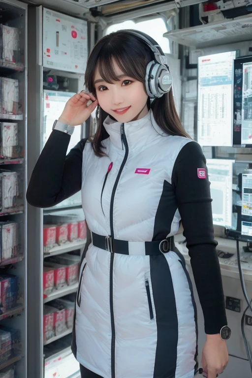 masterpiece, Highest quality, Very detailed, 8K Portrait,Japanese Android Girl,plump , Control panel,Robotic arms and legs, Blunt bangs,,break (Metallic Gray, Metallic luster, Mirror finish, Astro Best):5,headphone:5,break (Black sleeves):100,Smart Watches,Futuristic space station,Control Room,break headphone,blue eyes,(Black Hair):2,(Long Hair):1.3,Displaying the viewer,(respirator),break blush:3,Hidden Hand,smile